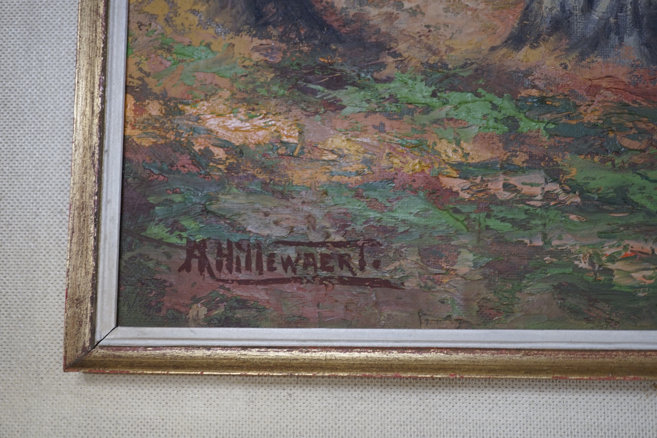 A. H. Hillewaert?, Impressionist oil on canvas, Autumnal wooded landscape, signed, 48 x 38cm. Condition - good, a little dirty